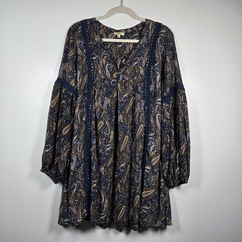 KORI America Blue Paisley V-Neck Balloon Sleeve Boho Tunic Top Size Large